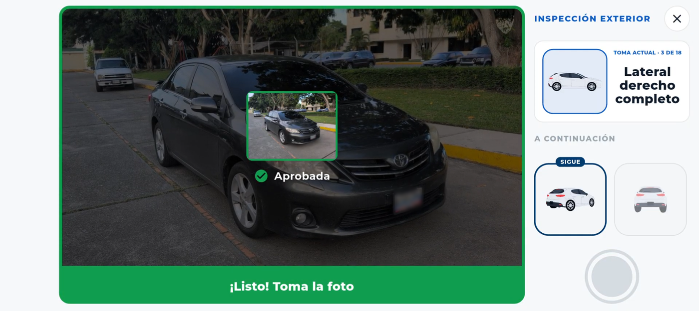 Inspección exterior en la app VERO: la toma del lateral derecho de un sedán aparece aprobada, con la siguiente toma indicada