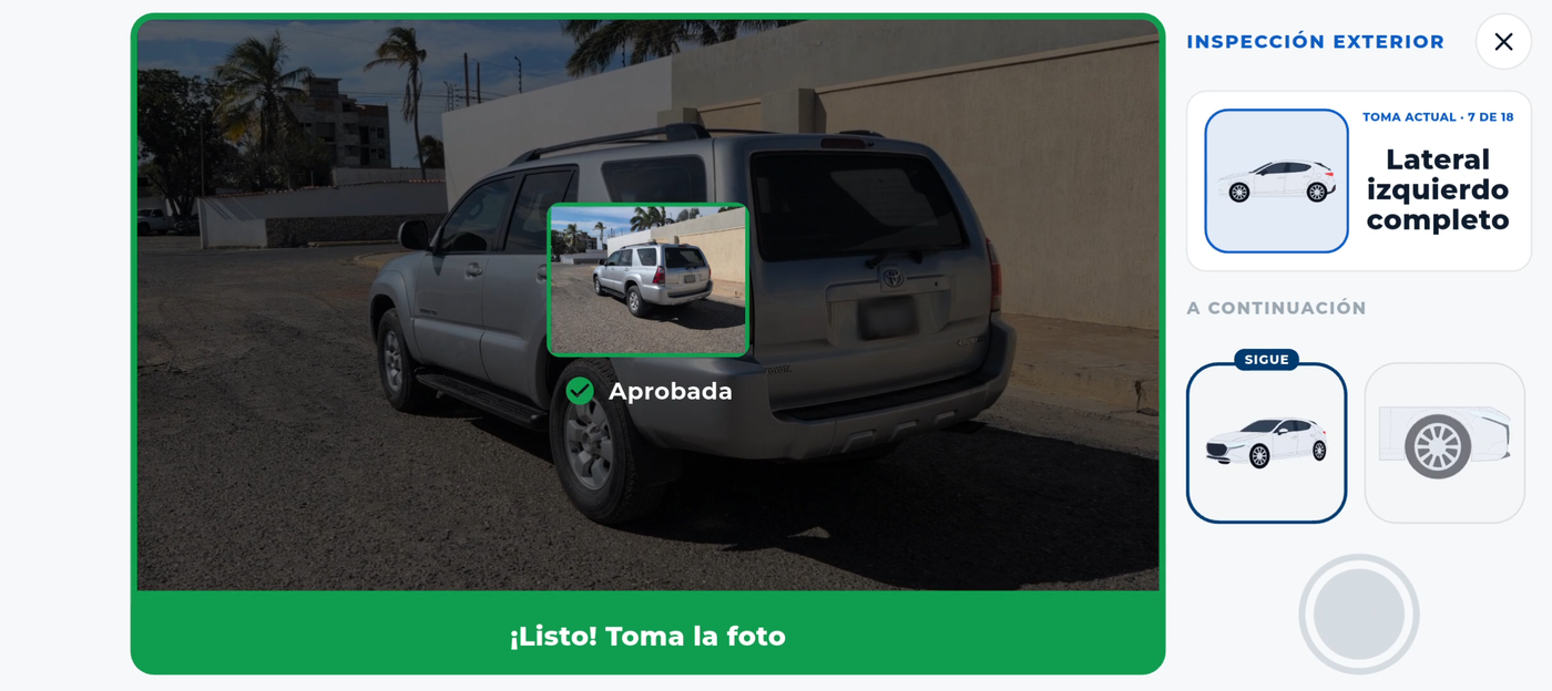 Inspección exterior en la app VERO: la toma del lateral izquierdo de una camioneta aparece aprobada, con la guía de las 18 fotos del recorrido