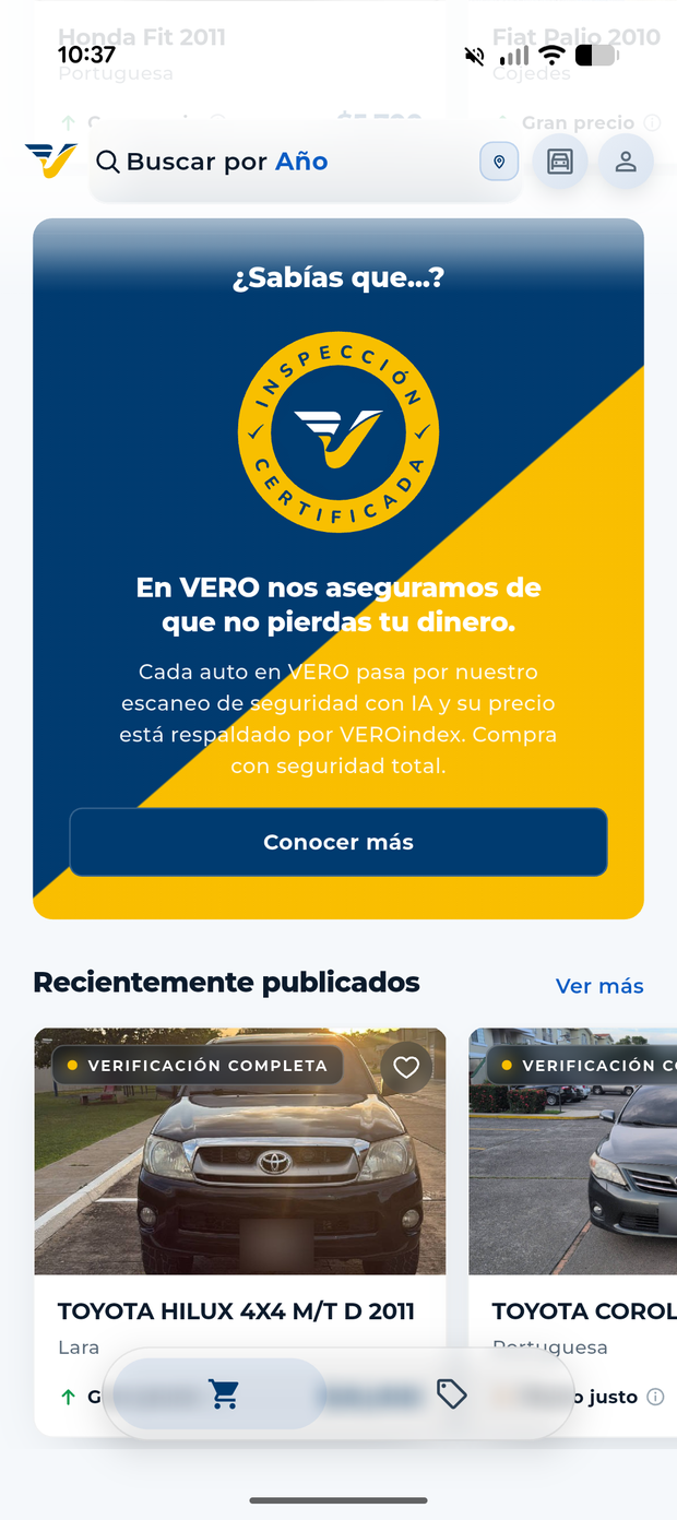 Pantalla principal de la aplicación VERO: buscador, tarjeta de inspección certificada y publicaciones recientes con verificación completa